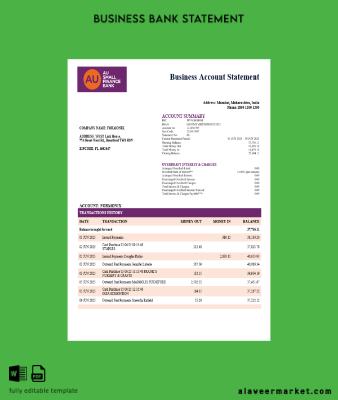 AU Small Finance enterprise account Hesap Özeti Word and PDF Şablon