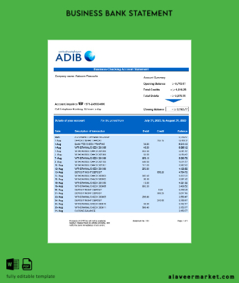 Abu Dhabi Islamic Banka Şirket checking account Hesap Özeti Word and PDF Şablon