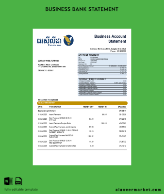 Acleda Şirket Hesap Özeti Word and PDF format