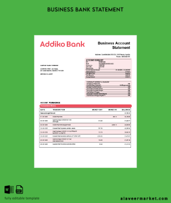 Addiko İşletme Banka organization account Hesap Özeti Word and PDF format