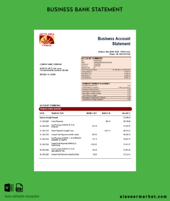 Aditya Birla Finance Ltd Banka enterprise account Hesap Özeti Word and PDF format