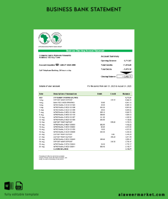 African Development İşletme Banka Hesap Özeti Word and PDF format