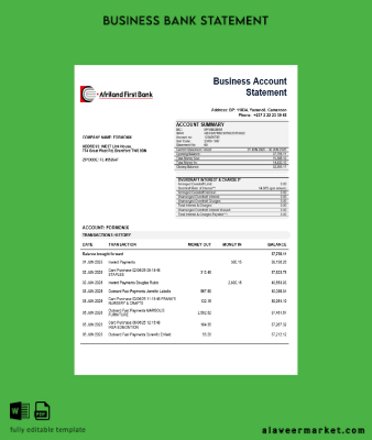 Afriland First organization checking account Hesap Özeti Word and PDF Şablon