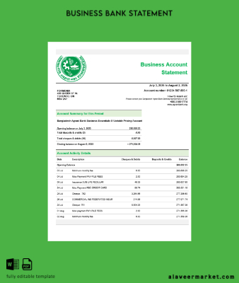 Agrani Banka firm account Hesap Özeti Word and PDF Şablon