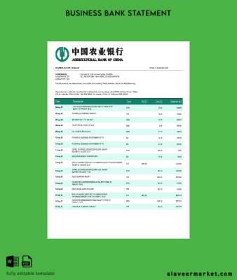 Agricultural Banka of Çin İşletme account Hesap Özeti Word and PDF Şablon