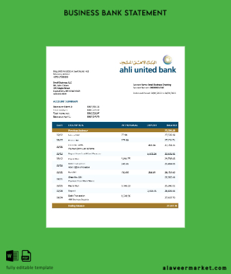 Ahli United Banka firm account Hesap Özeti Word and PDF Şablon