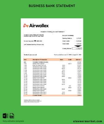 Airwallex Limited organization checking account Hesap Özeti Word and PDF format