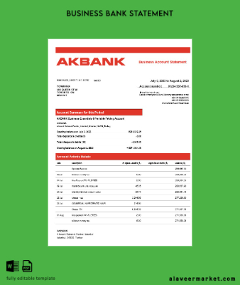 Banka enterprise account Hesap Özeti Word and PDF Şablon