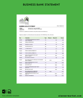 Al-Arafah Islami Banka İşletme account Hesap Özeti Word and PDF Şablon