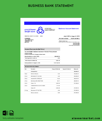 Al-Rajhi Banka Şirket account Hesap Özeti Word and PDF Şablon