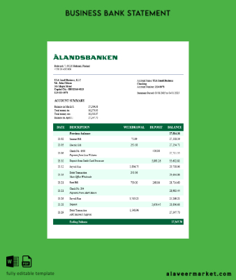 Aland Banka firm account Hesap Özeti Word and PDF Şablon