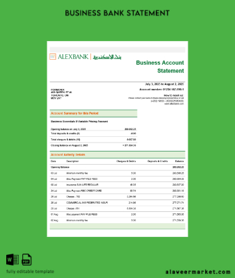 Alex Banka Şirket Hesap Özeti Word and PDF format
