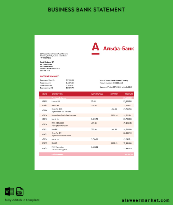 Alfa Banka organization checking account Hesap Özeti Word and PDF Şablon