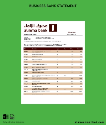 Alinma Banka Şirket Hesap Özeti Word and PDF Şablon