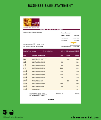Alior Banka Şirket checking account Hesap Özeti Word and PDF Şablon
