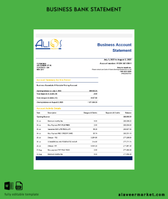 Alios Finance İşletme firm account Hesap Özeti Word snd PDF format