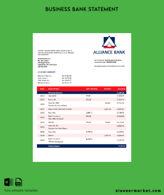 Alliance Banka enterprise account Hesap Özeti Word and PDF Şablon