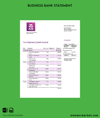 Allied Irish Banka (AIB) enterprise Hesap Özeti Word and PDF Şablon
