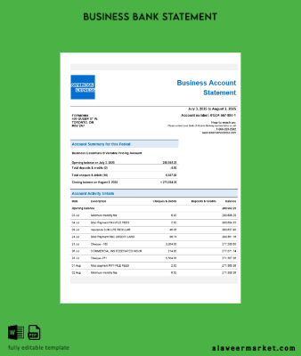 American Express Air Miles enterprise account Hesap Özeti Word and PDF Şablon
