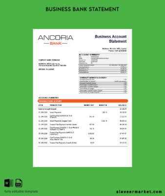Ancoria Banka İşletme account Hesap Özeti Word and PDF Şablon