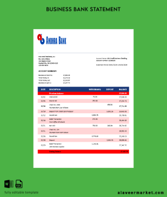 Andhra İşletme Banka Hesap Özeti Word and PDF format