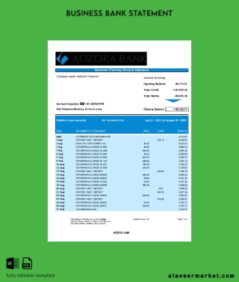 Aozora Banka organization checking account Hesap Özeti Word and PDF Şablon