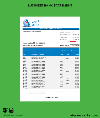 Arab National Banka Şirket checking account Hesap Özeti Word and PDF Şablon