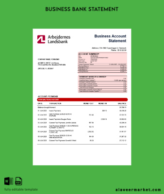 Arbejdernes Banka enterprise account Hesap Özeti Word and PDF Şablon