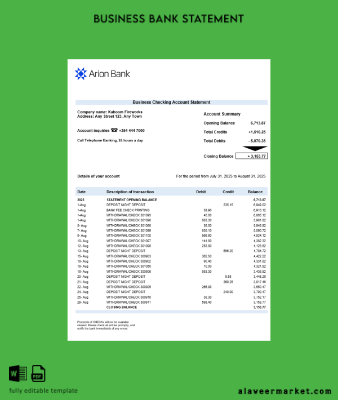Arion Banka İşletme organization checking Hesap Özeti Word and PDF format