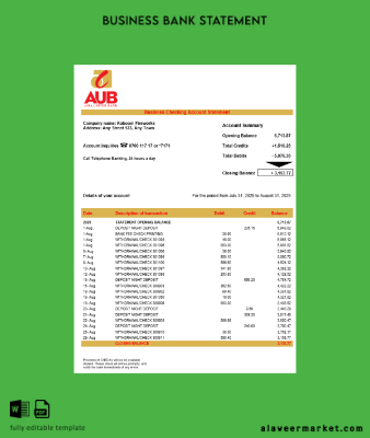 Asia United Banka (AUB) Şirket Hesap Özeti Word and PDF format