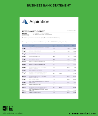 Aspiration Banka İşletme account Hesap Özeti Word and PDF Şablon