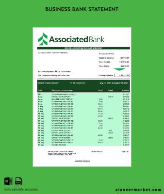 Associated Banka İşletme Hesap Özeti Word and PDF Şablon