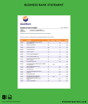 Awash Banka firm account Hesap Özeti Word and PDF Şablon