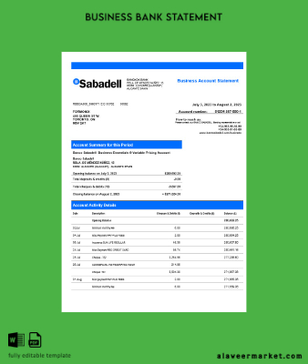BANCO Sabadell firm Hesap Özeti Word and PDF Şablon