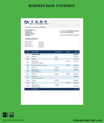 Banka of Communications Banka enterprise account Hesap Özeti Word and PDF Şablon