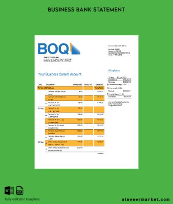 Banka of Queensland İşletme checking account Hesap Özeti Word and PDF Şablon