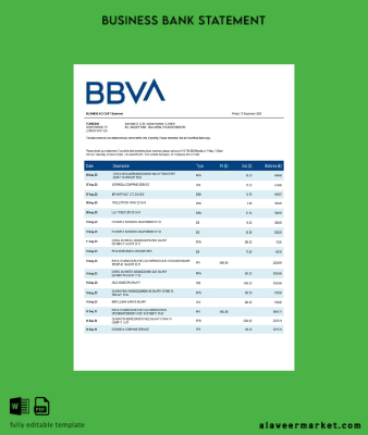 BBVA Banka organization Hesap Özeti Word and PDF Şablon