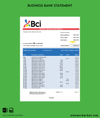 BCI Banka Şirket account Hesap Özeti Word and PDF Şablon