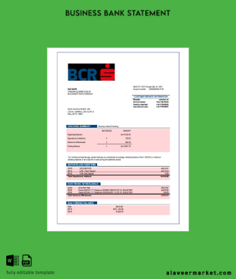 BCR Banka Şirket checking account Hesap Özeti Word and PDF Şablon
