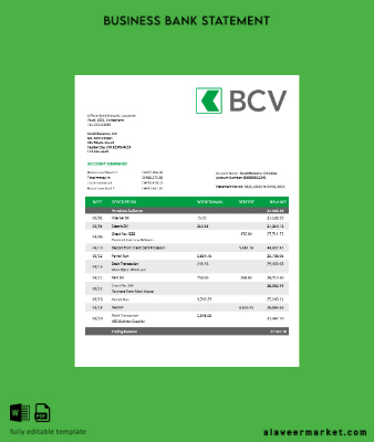 BCV Banka Şirket account Hesap Özeti Word and PDF Şablon