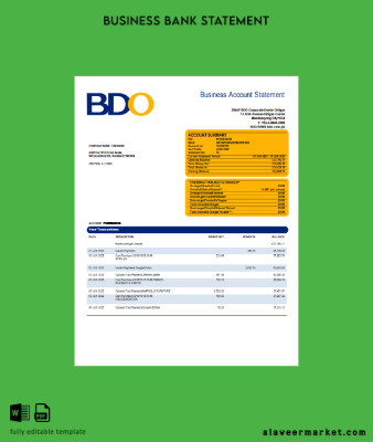 BDO Banka organization Hesap Özeti Word and PDF Şablon