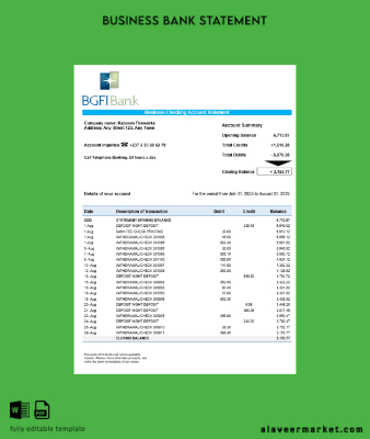 BGFI İşletme Banka Hesap Özeti Word and PDF format