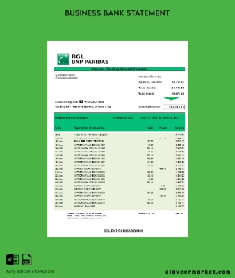 BGL BNP Paribas İşletme checking account Hesap Özeti Word and PDF Şablon scr