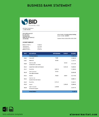 Kimlik Kartı İşletme account Hesap Özeti Word and PDF Şablon