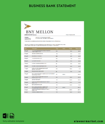 BNY Mellon Banka Şirket checking account Hesap Özeti Word and PDF Şablon