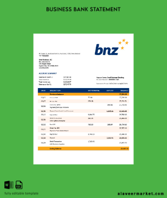 BNZ Banka organization account Hesap Özeti Word and PDF Şablon