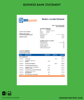 BRIsyariah İşletme firm Hesap Özeti Word and PDF format