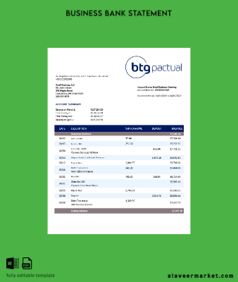 BTG Pactual Banka İşletme checking account Hesap Özeti Word and PDF Şablon