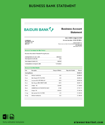 Kimlik Kartı Banka İşletme account Hesap Özeti Word and PDF Şablon
