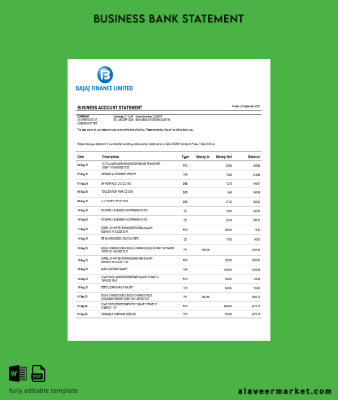 Bajaj Finance Limited İşletme firm account Banka Hesap Özeti Word and PDF format